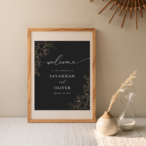 Gold Lined Floral Wedding Welcome Sign _ Black