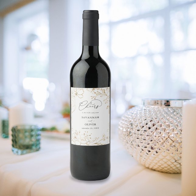 Gold Lined Floral Wedding Wine Label (Creator Uploaded)