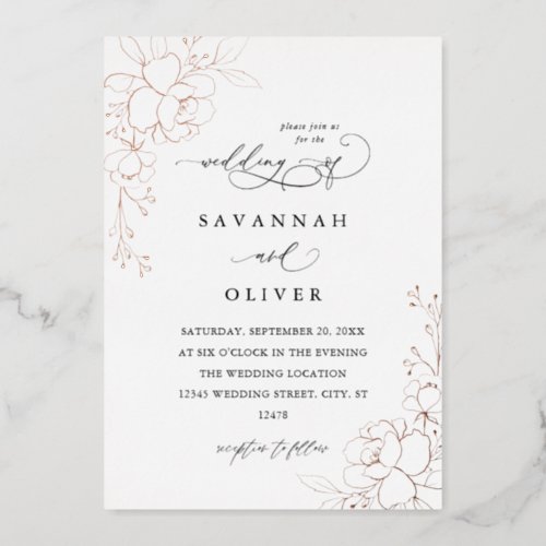 Gold Lined Floral White Black  Foil Wedding  Foil Invitation