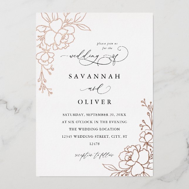 Gold Lined Floral White, Black & Foil Wedding  Foil Invitation (Front)