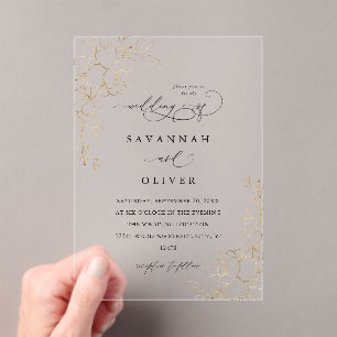 Gold Lined Floral White & Black Wedding Acrylic Invitations