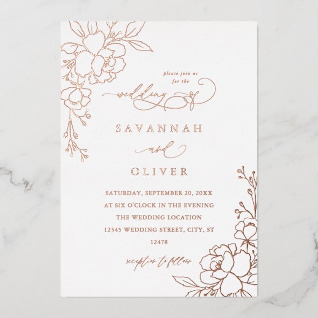 Gold Lined Floral White & Foil Wedding  Invitation (Front)
