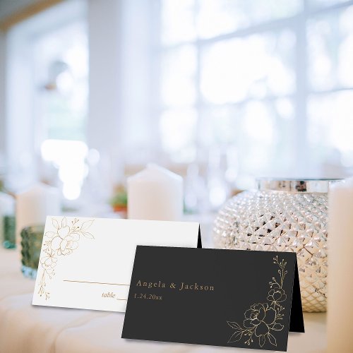 Gold Lined Floral White  Gold Place Card _BW