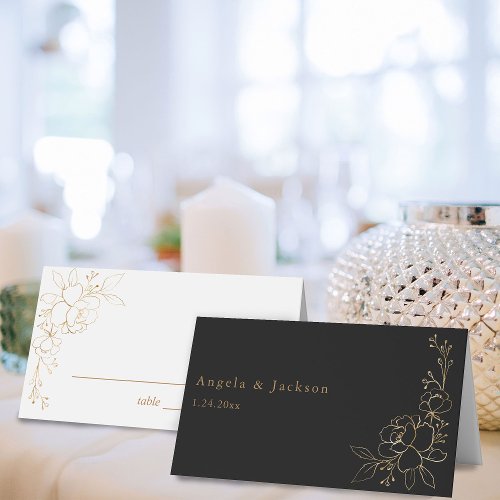 Gold Lined Floral White  Gold Place Card _BW 2