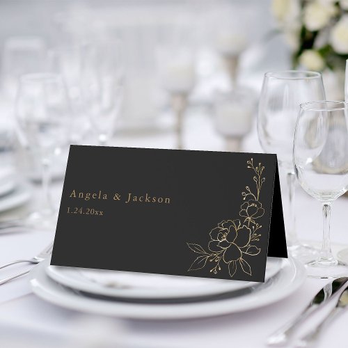 Gold Lined Floral White  Gold Place Card _Black