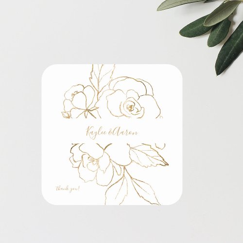 Gold Lined Floral White  Gold Thank You Square Sticker