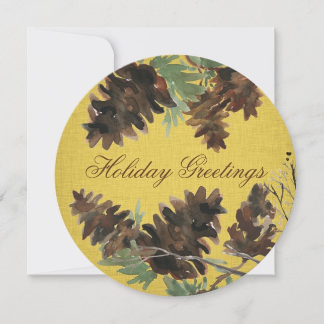 Gold Linen Pine Cones Christmas Greeting Card (Front)
