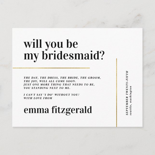 Gold Lines | Modern Will You Be My Bridesmaid Announcement Postcard (Front)