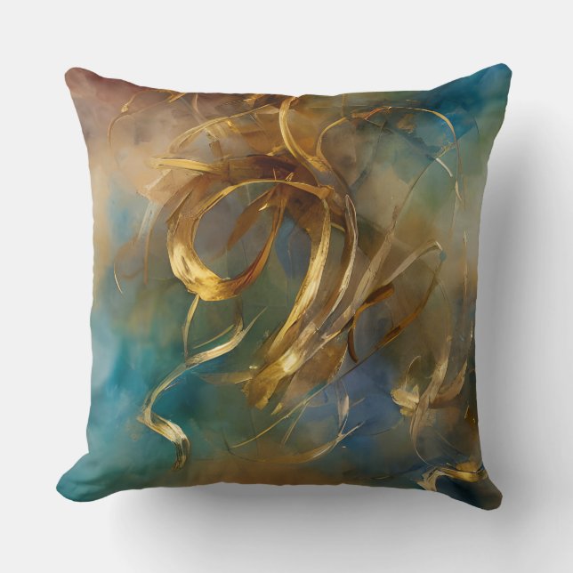 Gold lines teal blue colourful abstract modern throw pillow (Front)