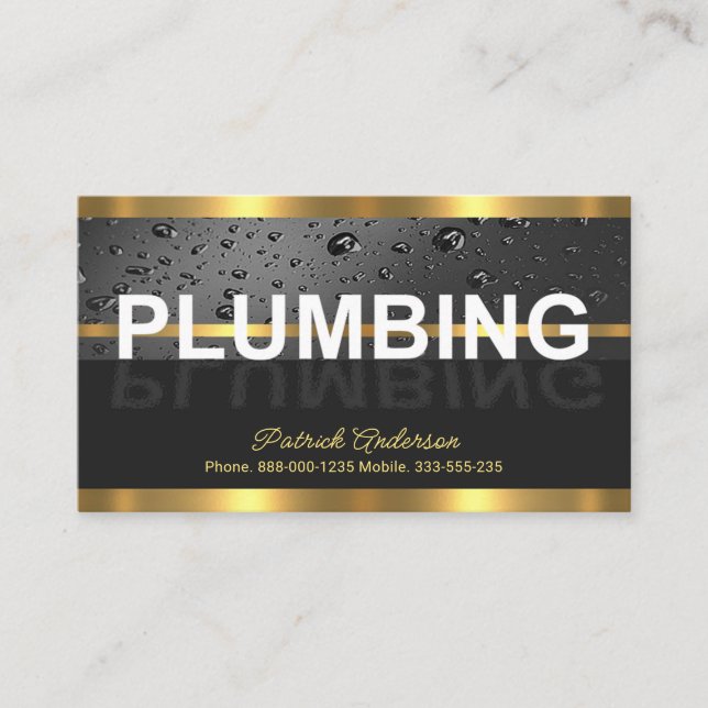 Gold Lines Water Drop Plumbing Reflection Business Card (Front)