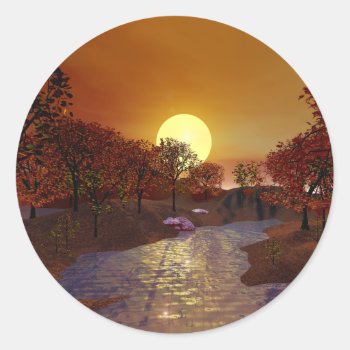 Gold Linger - Autumn Scene Classic Round Sticker by Peerdrops at Zazzle