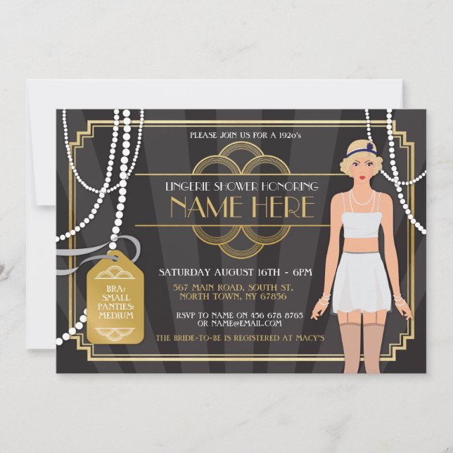 Gold Lingerie Bridal Shower 1920s Pearl Invitation (Front)