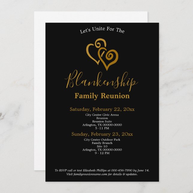 Gold Linked Heart Family Reunion Two Day Event Invitation (Front/Back)