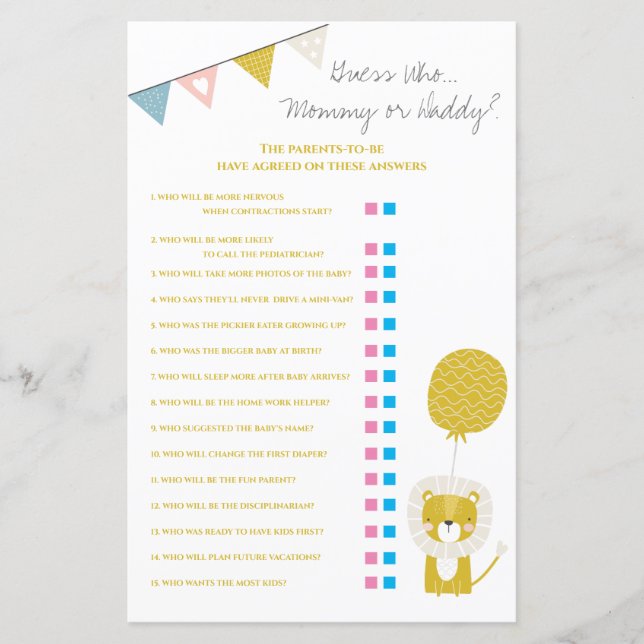 Gold Lion Guess Who Mommy / Daddy Baby Shower Game (Front)
