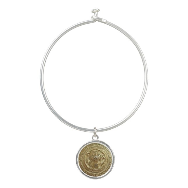 Gold Lion Image - Sterling Plated Bangle w/ Charm Bracelet (Front)