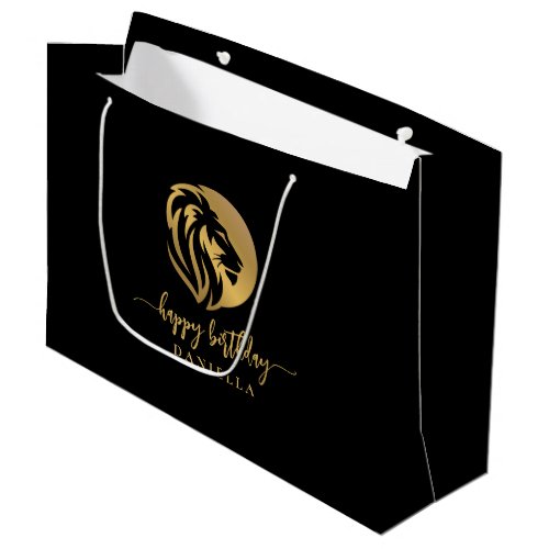 Gold Lion Leo Happy Birthday with Name Large Gift Bag