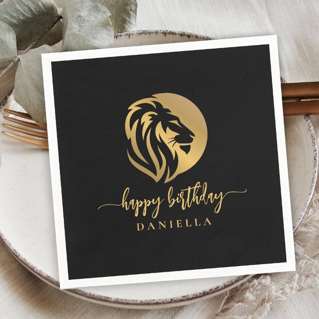 Gold Lion Leo Happy Birthday with Name Napkins (Creator Uploaded)