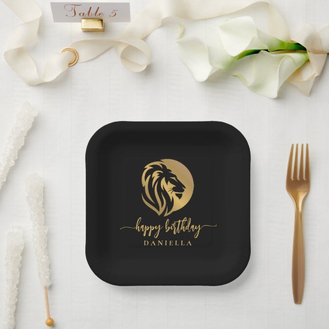 Gold Lion Leo Happy Birthday with Name Paper Plates (Wedding)