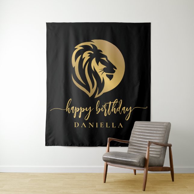Gold Lion Leo Happy Birthday with Name Tapestry (In Situ)