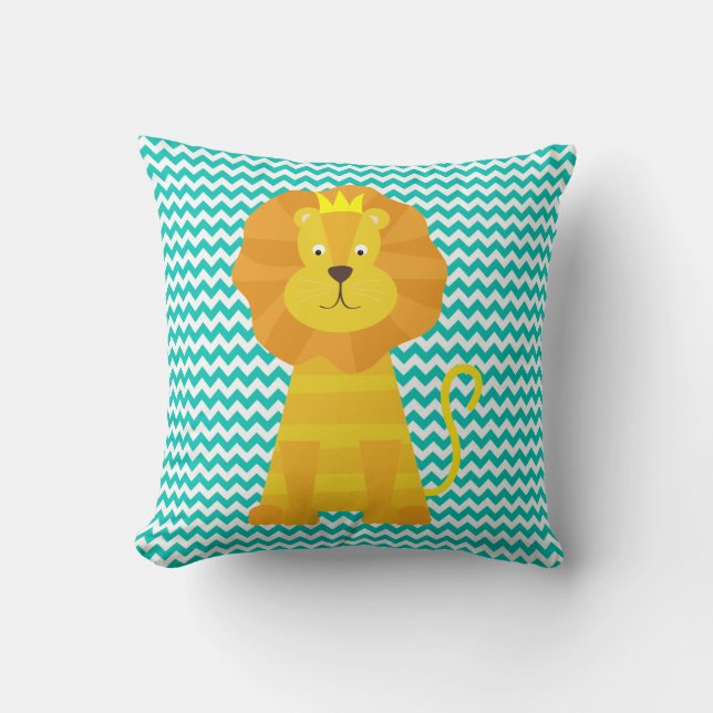 Gold Lion on Aqua Blue and White Chevron Stripe Throw Pillow (Front)