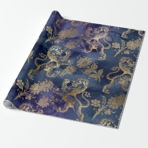 Gold Lions and Flowers on Purple Wrapping Paper