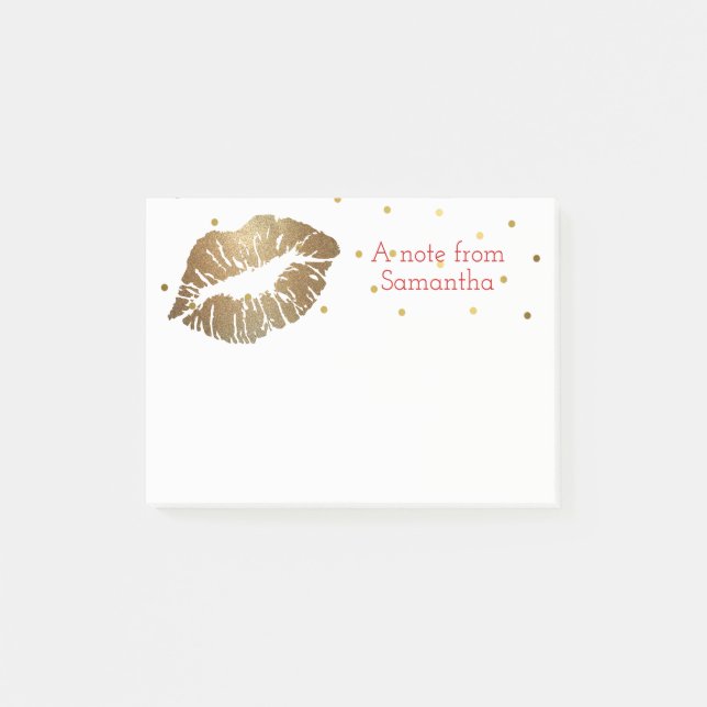 Gold Lip Print Personalized Small Post It Note Pad (Front)