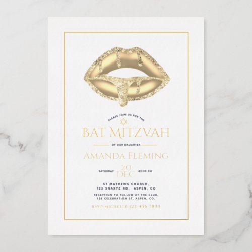 Gold Lips Bat Mitzvah Photo  Foil Invitation