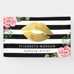 Gold Lips Beauty Salon Floral Black White Stripes Banner