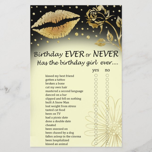 Gold Lips Birthday ever or never game (Front)