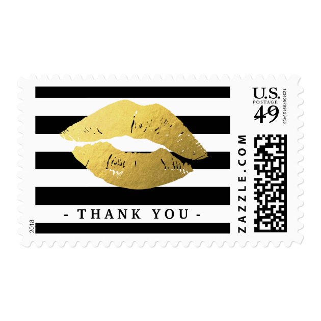 Gold Lips Black White Stripes Thank You Card Postage