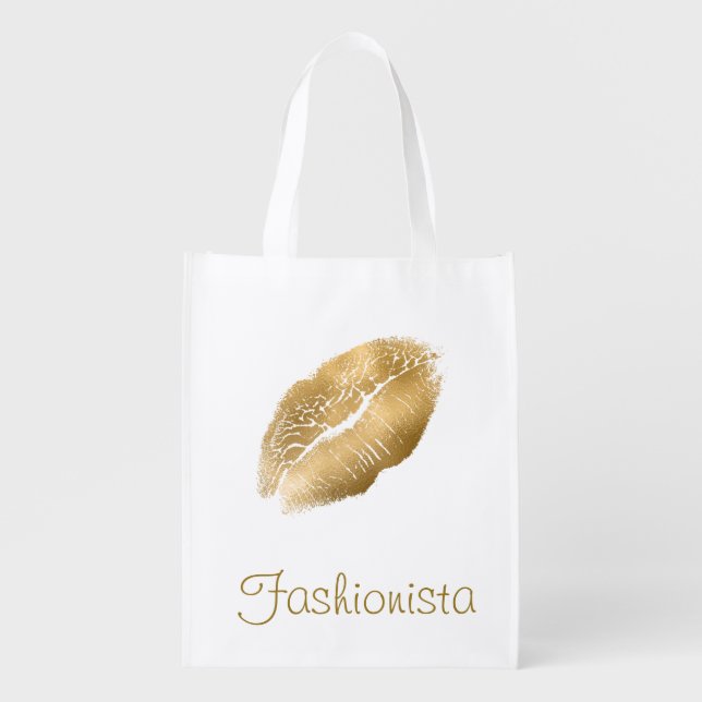 Gold Lips Fashionista Grocery Bag (Front)