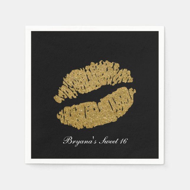 Gold Lips Faux Sparkle Kiss Beauty Makeup Party Napkins (Front)