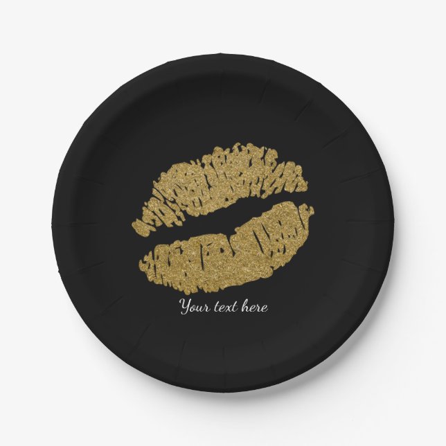Gold Lips Faux Sparkle Kiss Beauty Makeup Party Paper Plates (Front)