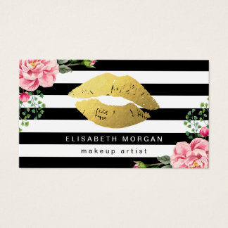 Gold Lips Floral Black White Stripes Makeup Artist Business Card