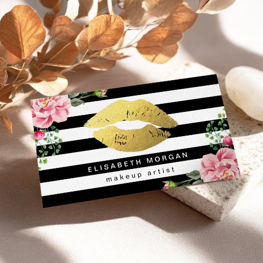 Customizable Gold Lips Floral Black White Stripes Makeup Artist Business Card