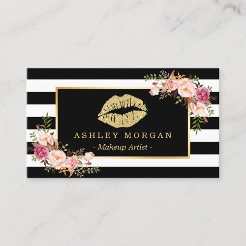 Gold Lips Floral Makeup Artist Beauty Salon Business Card