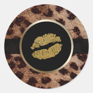 Gold Lips Glitter Sparkle Sparkly Cheetah Leopard Classic Round Sticker