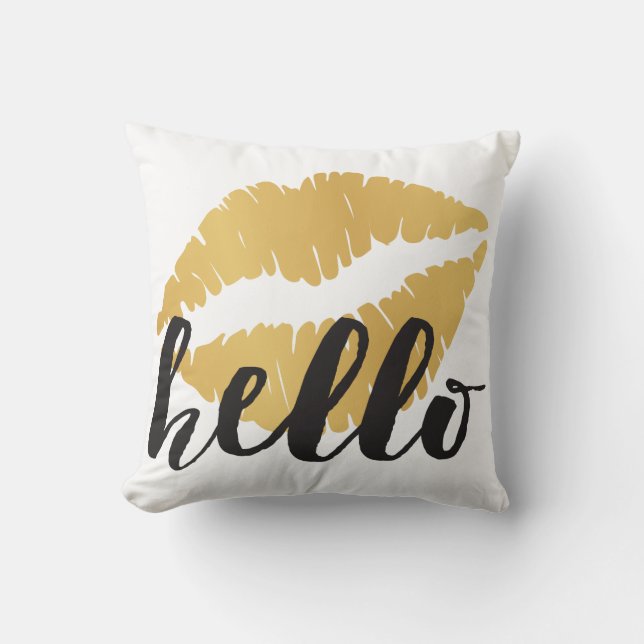 Gold Lips + Hello Throw Pillow (Front)