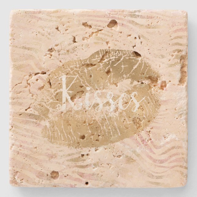 Gold Lips Kiss Pink Zebra Print Stone Coaster (Front)