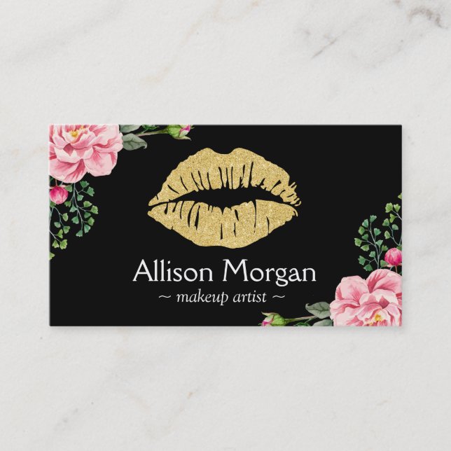 Gold Lips Makeup Artist Beautiful Flower Wrapping Business Card (Front)