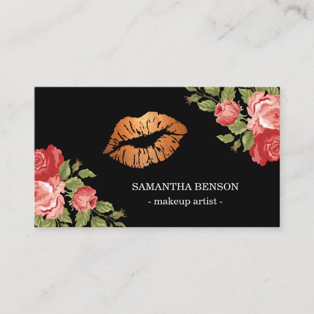 Gold Lips Makeup Artist Floral Business Card (Front)