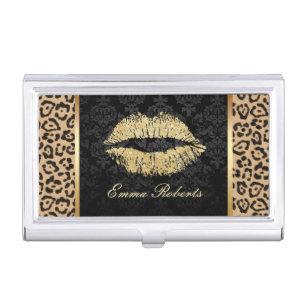 Gold Lips Modern Leopard Print Elegant Damask Case For Business Cards