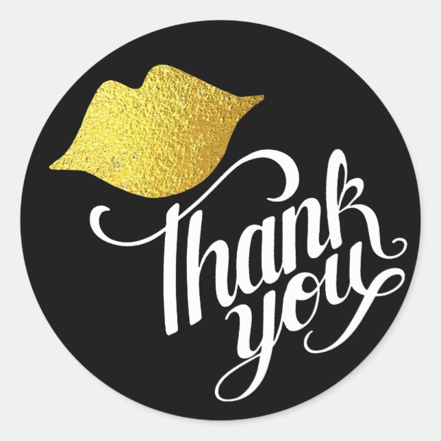 gold lips . mouth . kiss 'thank you' black classic round sticker (Front)
