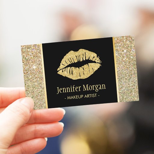 Customizable Gold Lips Trendy Glitter Sparkles Makeup Artist Business Card