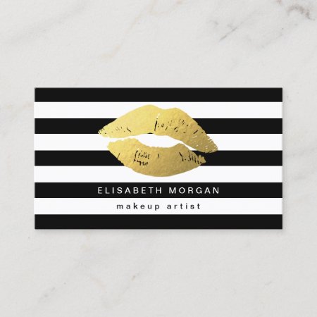 Gold Lips With Black White Stripes - Makeup Artist Business Card