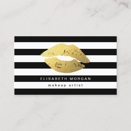 Customizable Gold Lips with Black White Stripes - Makeup Artist Business Card