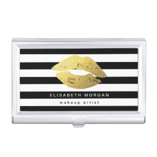 Gold Lips with Black White Stripes - Makeup Artist Case For Business Cards