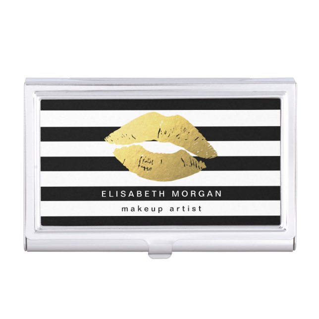 Gold Lips with Black White Stripes - Makeup Artist Case For Business Cards (Front)