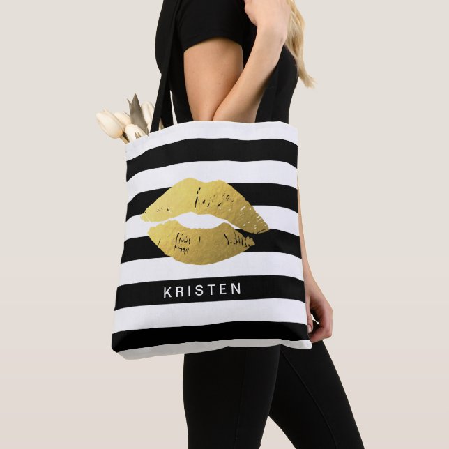 Gold Lips with Classic Black White Stripes Tote Bag (Close Up)