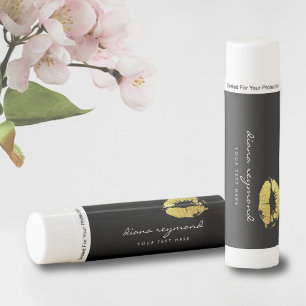 Gold lips with her name on black lip balm